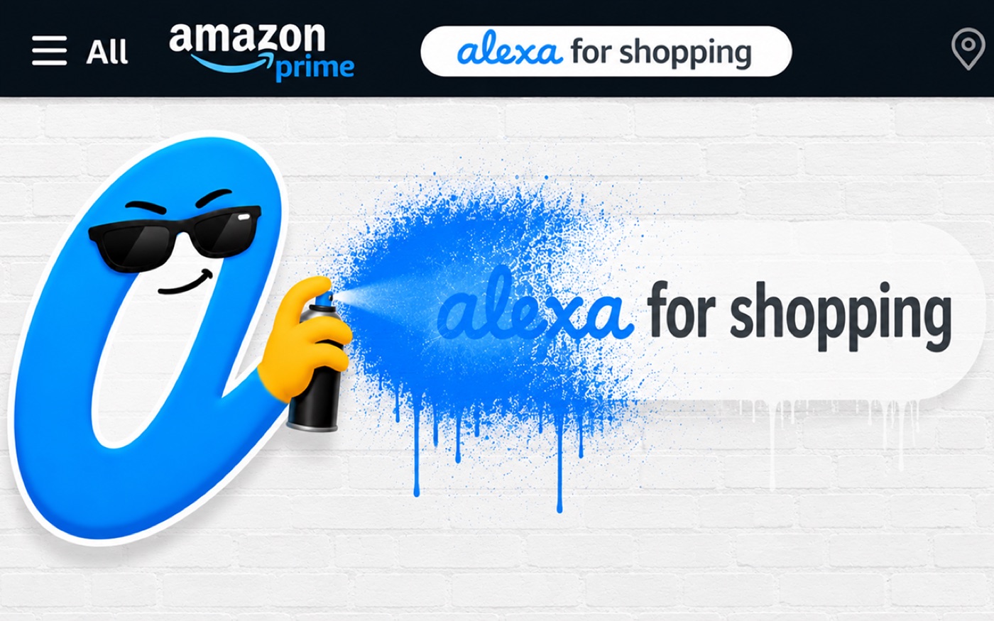 The Adios mascot spray-painting over the Alexa for Shopping button in Amazon's navigation bar