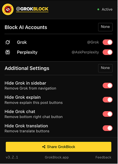 The GrokBlock extension popup, showing toggles for mentions, sidebar, translate and explain
