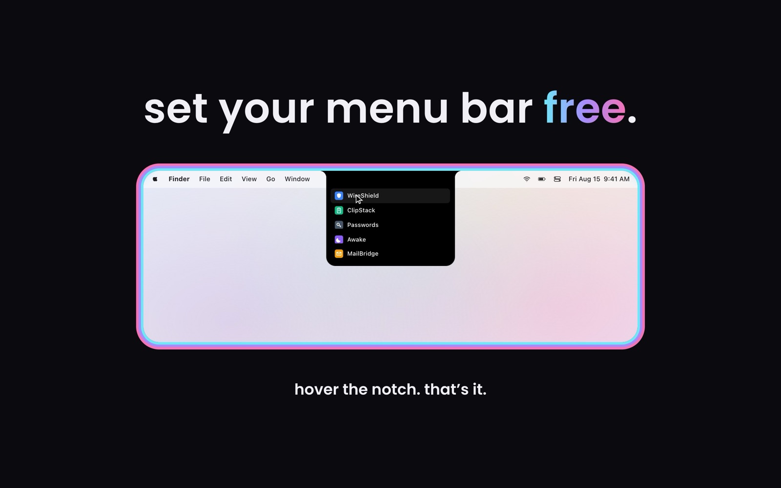 Notcho Libre, opening the MacBook notch to reveal the menu bar icons hidden behind it