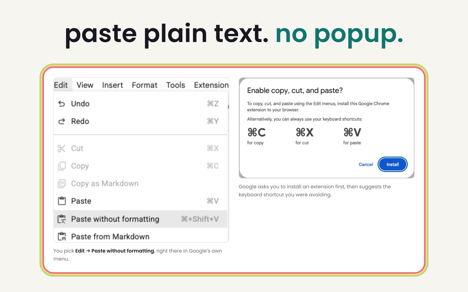 PlainPaste, pasting plain text from the Google Docs Edit menu without the install prompt